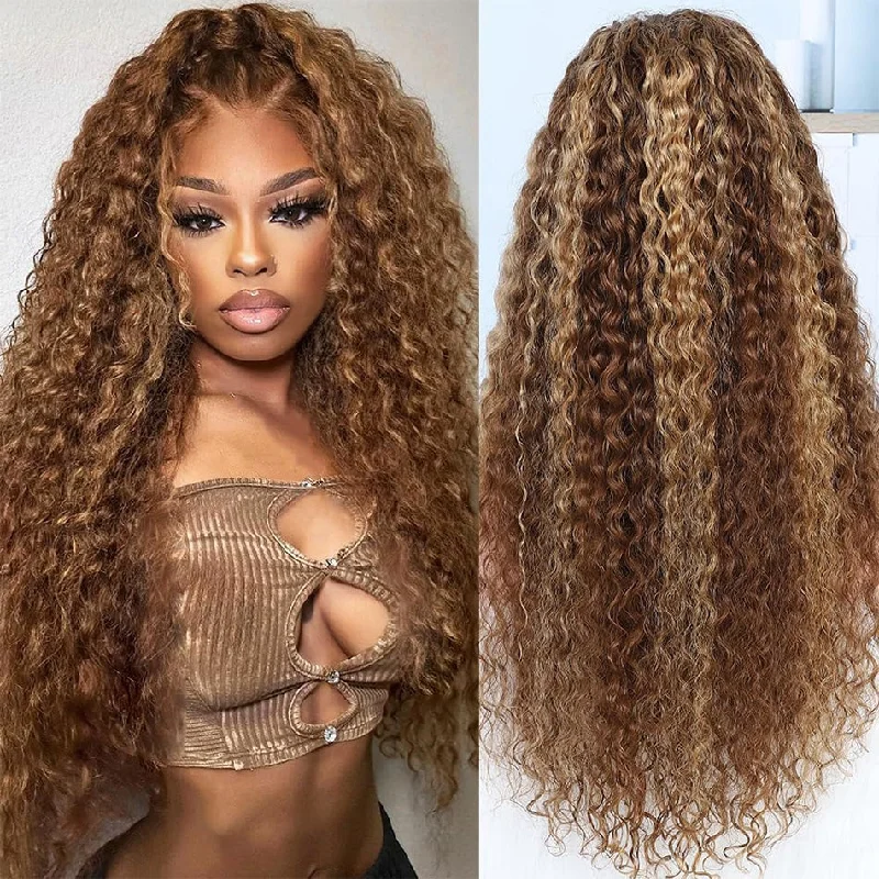 real person hair ring braided craft-Hot Star Highlight Colored 5x5 13x6 Lace Front Closure Curly 6x4 Glueless Put On And Go Human Hair Wigs