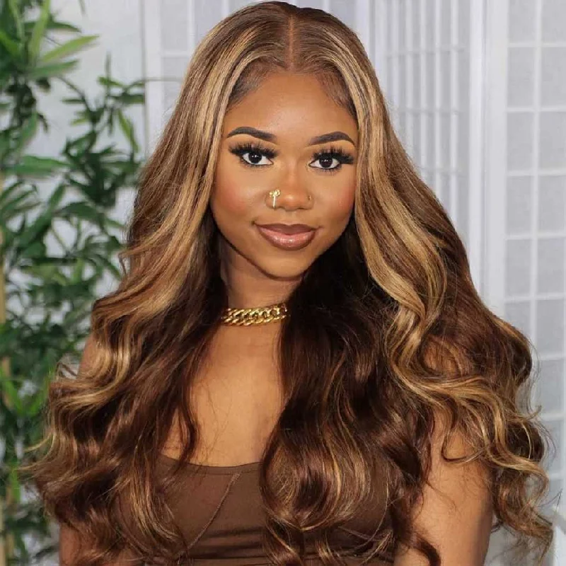 real person hair ring tasseled band-Hot Star Highlight #4/27 Colored 5x5 13x6 Lace Front Closure Wig 6x4 Glueless Ready To Go Human Hair Wigs Body Wave