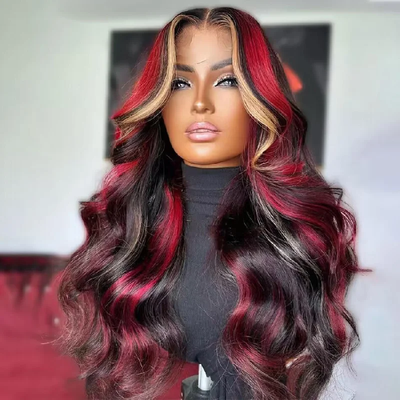 real person hair ring agate slice-Hot Star Highlight Honey Blonde With Red Colored 5x5 13x6 Lace Front Closure Wig 4x6 Ready To Go Human Hair Wigs Brazilian Body Wave