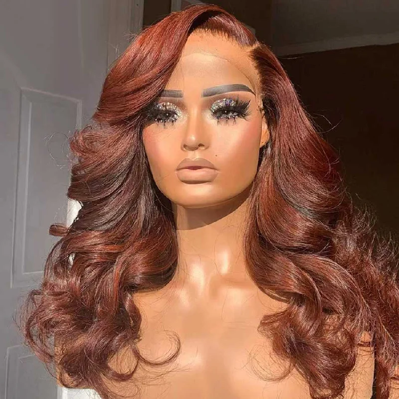 real person hair ring bezel edge-Hot Star Little Reddish Brown Colored 5x5 13x6 Lace Front Closure Wig 4x6 Glueless Ready To GoHuman Hair Wigs Body Wave