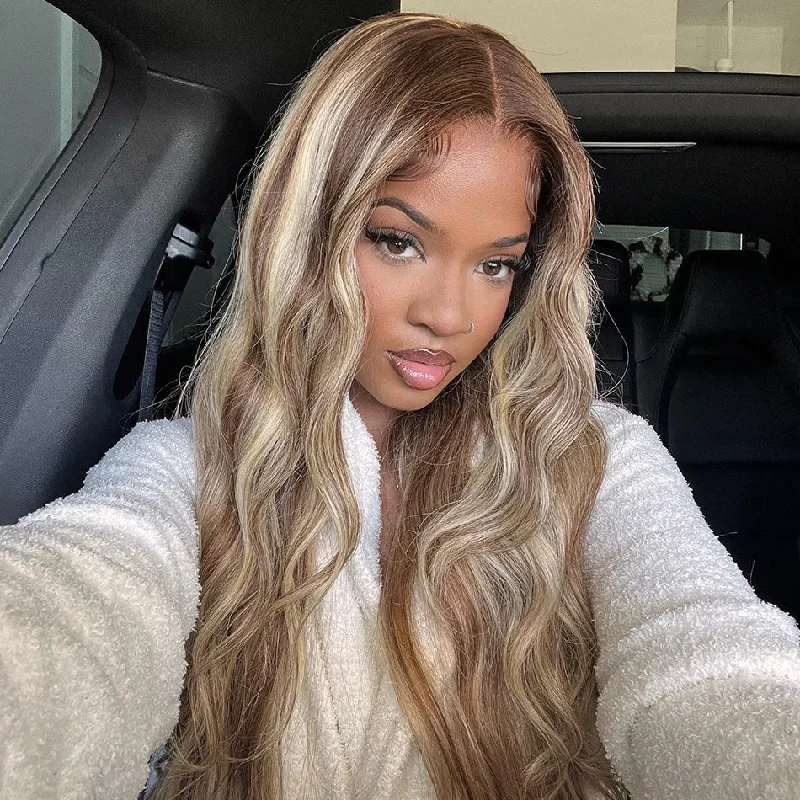 real person hair ring cyber band-Hot Star Customized Ombre Highlight Blonde With Brown Colored HD Transparent 13x4 13x6 Lace Front Human Hair Wigs