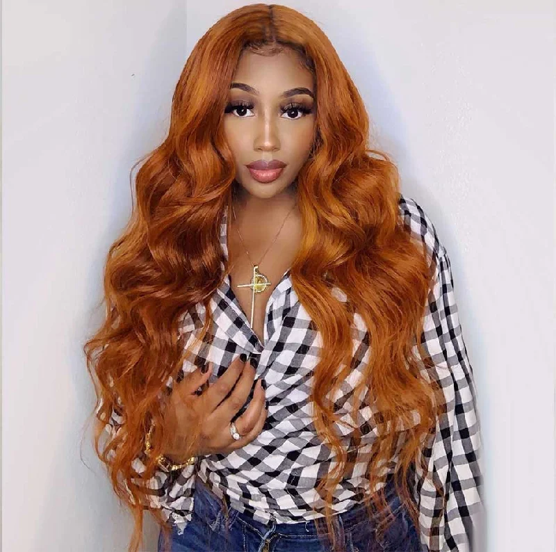 real person hair ring cluster setting-Hot Star Orange Ginger Colored 5x5 13x6 Lace Front Closure 6x4 Glueless Ready To Go Human Hair Wigs