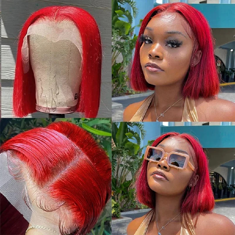 real person hair ring brushed metal-Hot Star Red Colored Bob 4x6 Wear And Go Glueless Wig Short 13x6 Lace Front Human Hair Wigs