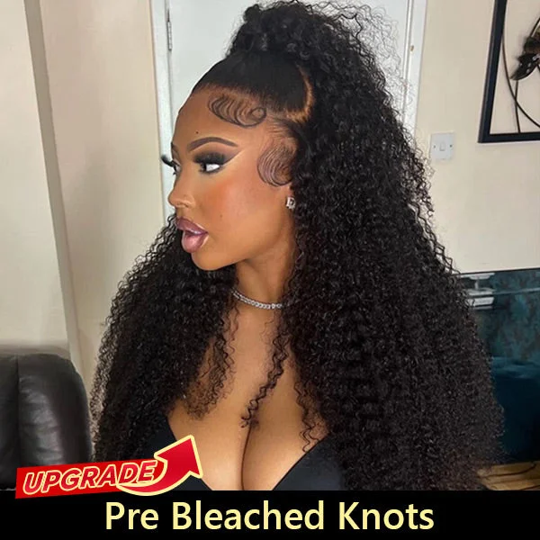 real person hair ring spiral band-Kinky Curly Pre Bleached Knots Virgin Human Hair Lace Front Wigs For Women Beginner Friendly