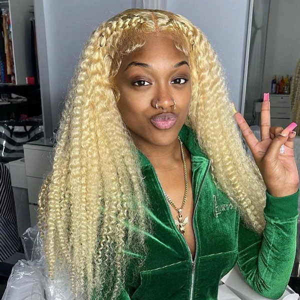 real person hair ring agate slice-613 Blonde Kinky Curly Human Hair 13x4 4x4 Lace Front Wigs Pre-plucked with Baby Hair for Women