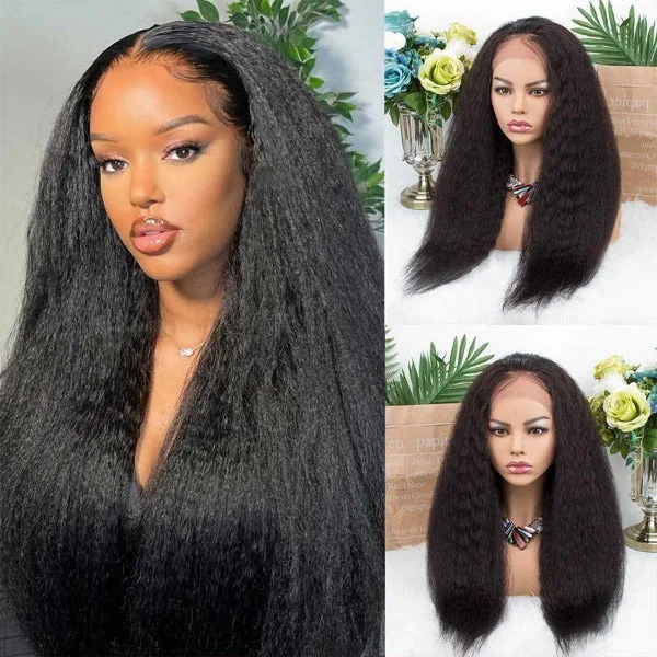 real person hair ring sewn craft-4x4 Lace Closure Wigs Preplucked Human Hair Kinky Straight Skin Melt Lace Wigs for Women