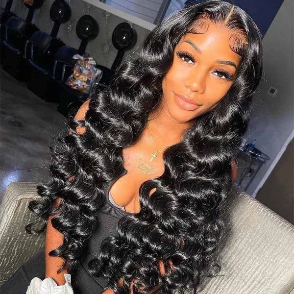 real person hair ring charred band-Brazilian Virgin Loose Wave Human Hair Pre plucked Lace Front Wigs Natural Black