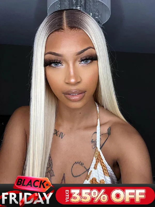 real person hair ring old-school-CurlyMe Ombre Blonde Hair With Brown Root Straight Hair 13x4 Lace Front Wigs Human Hair