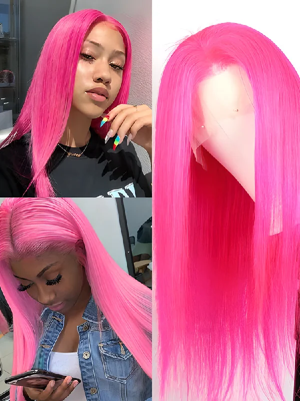 real person hair ring tanzanite craft-CurlyMe Hot Pink Colored Straight Human Hair 13x4 Lace Front Wigs Pre Plucked Hairline