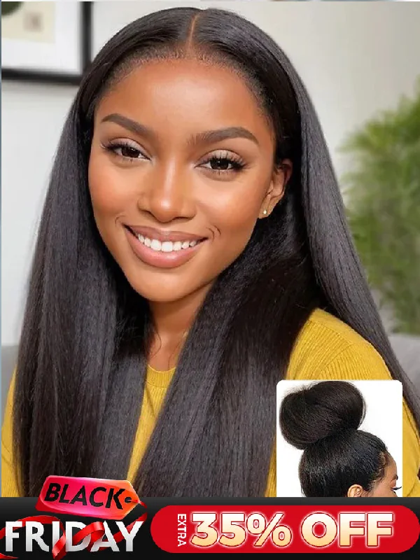 real person hair ring glowing detail-CurlyMe 360 Lace Wear Go Wig Pre-Bleached Yaki Straight Human Hair Pre-Plucked Lace Front Wig