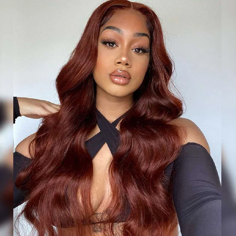 real person hair ring scalloped edge-Bigekane Pick ! SUPER DEAL ! Hot Star Reddish Brown Colored HD Transparent 13x4 Lace Front Human Hair Wigs Brazilian Body Wave