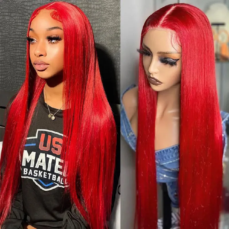 real person hair ring micro-engraved-SUPER DEAL ! Ekane Pick Hot Star Red Colored 13x6 Transparent HD Lace Front Human Hair Wigs