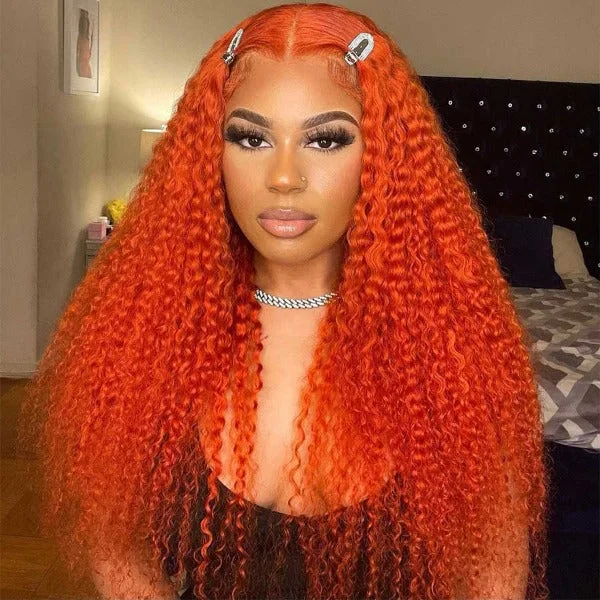 real person hair ring rhodium finish-Orange Lace Front Wigs with Baby Hairs Preplucked Kinky Curly Human Virgin Hair 13x4 4x4 Frontal Color Wigs for Women