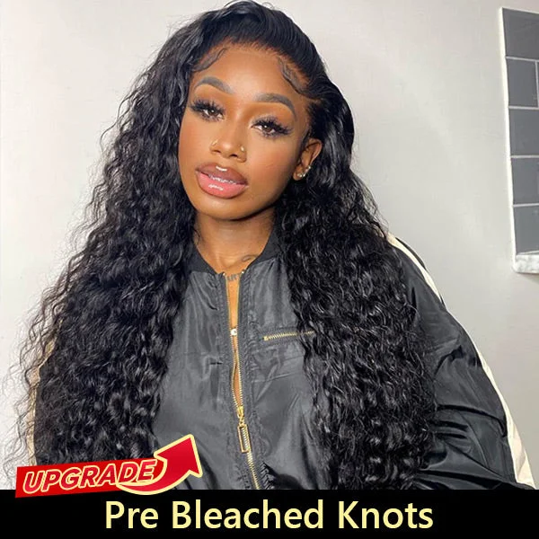 real person hair ring braided craft-Water Wave Wigs Pre Bleached Knots Lace Front Wigs Wet And Wavy Human Hair Wigs Preplucked Natural Hairline