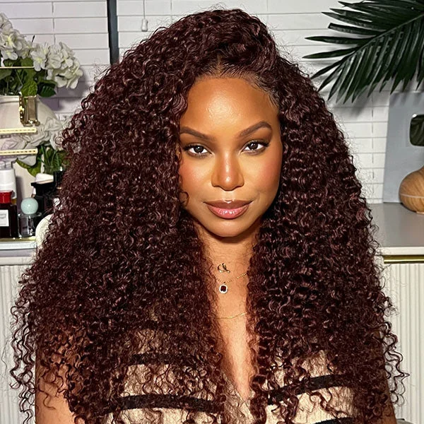 real person hair ring ribbed ring-Kinky Curly Reddish Brown Wear Go Wig Pre-cut 4x6 Lace Glueless Human Hair Wigs