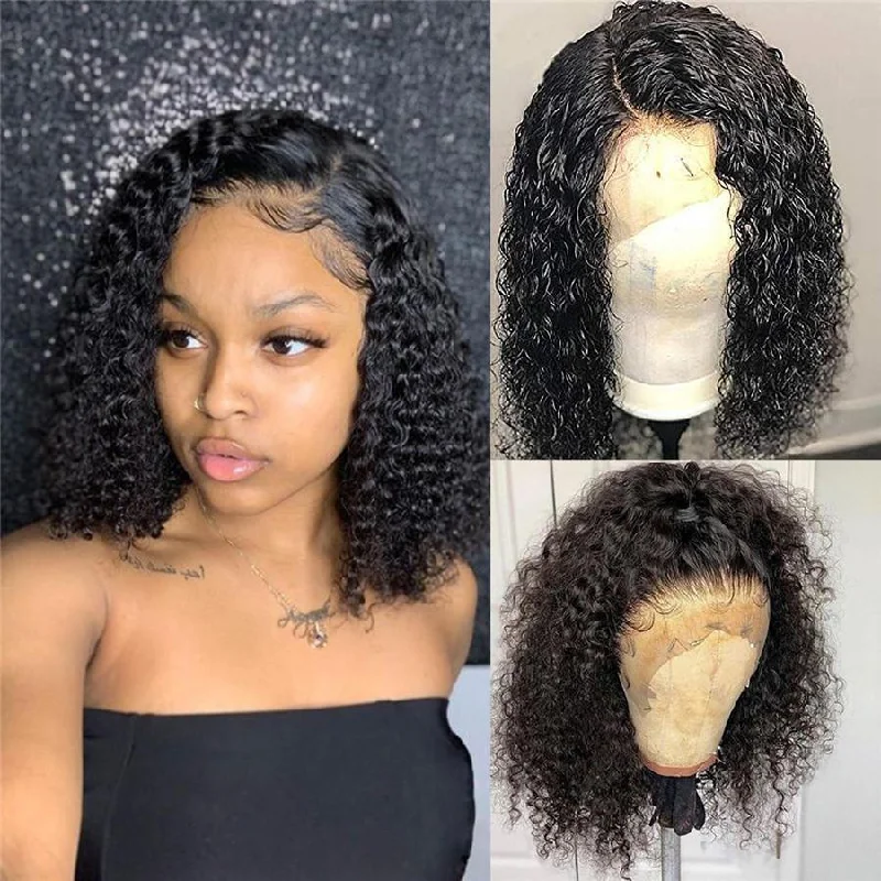 real person hair ring worn look-Short Bob Wigs Kinky Curly Human Hair 4x4 13x4 13x6 Lace Front Wigs Pre Plucked with Baby Hair Natural Black